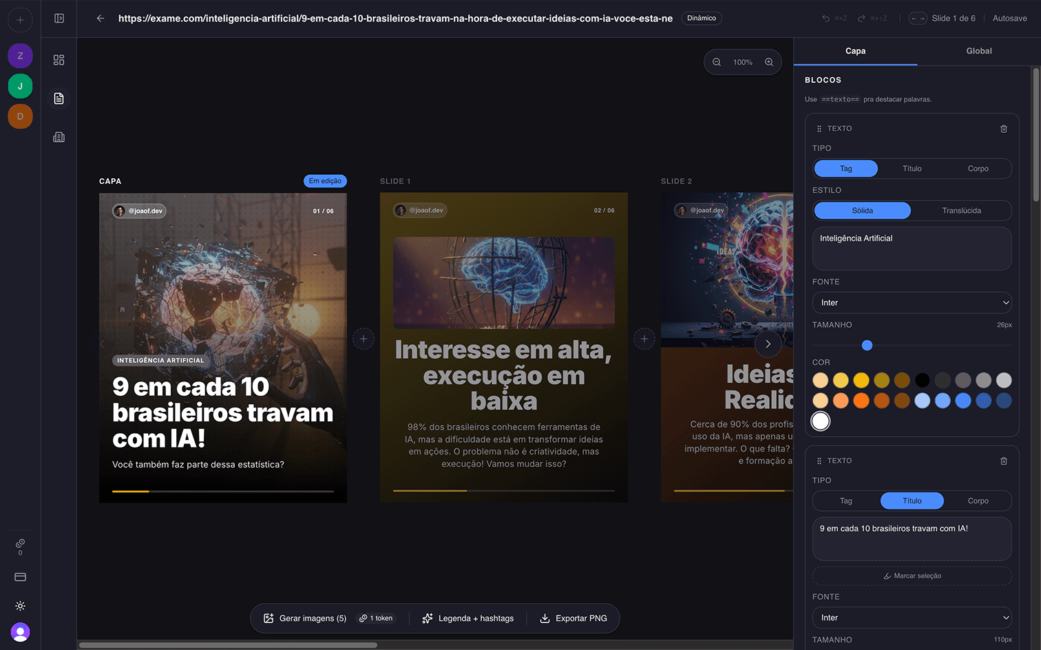 Editor visual do Kriativalab com slides do carrossel e inspector de propriedades